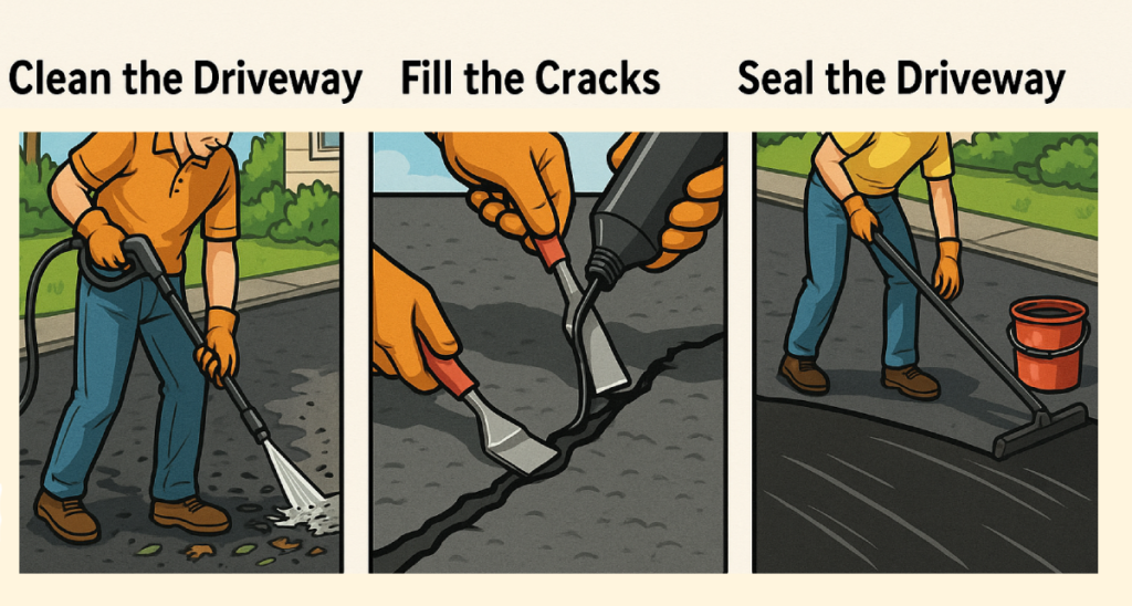 asphalt driveway blacktop repair DIY maintenance cracks potholes sealing materials costs