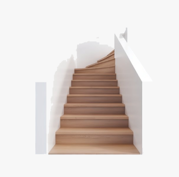 Interactive stair calculator displaying a 3D model of a staircase with labeled parameters such as rise height, tread depth, total length, and angle of inclination, featuring options to input measurements for a customized stair design